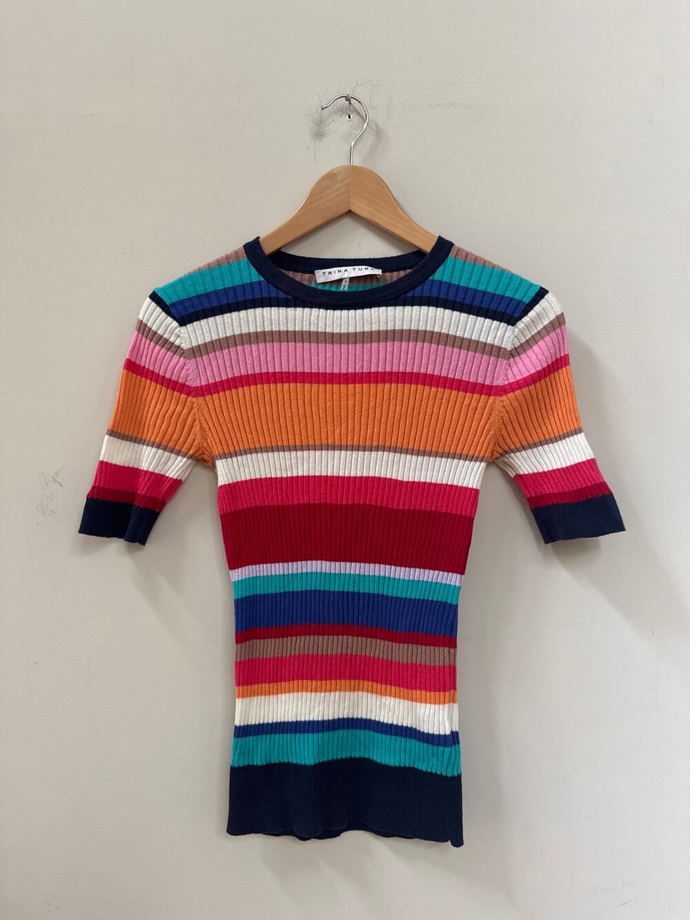 Trina Turk Agent Sweater Rainbow Multicolor Stripe Ribbed Basic Classic Small